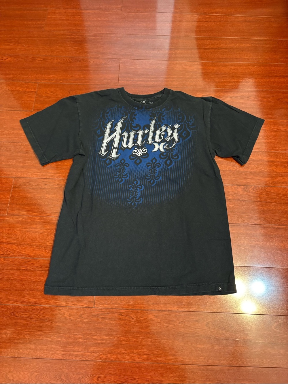 Men’s Y2K Hurley Skater Grunge Short Sleeve Shirt Black Faded Size Large